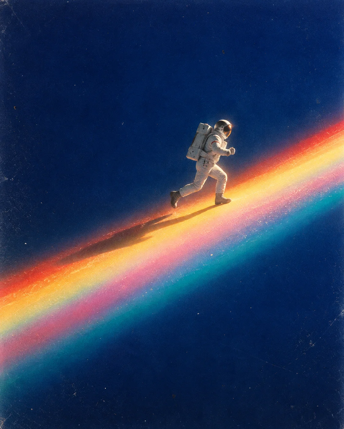 An astronaut runs forward on a rainbow beam