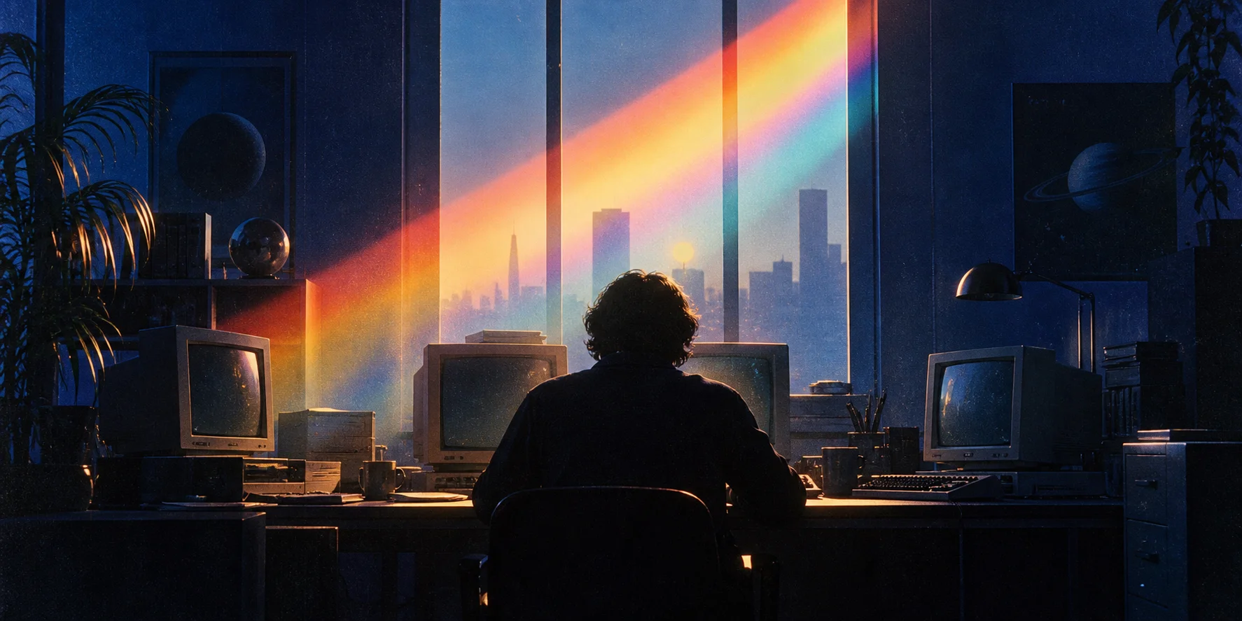 A builder works at a desk illuminated by rainbow light