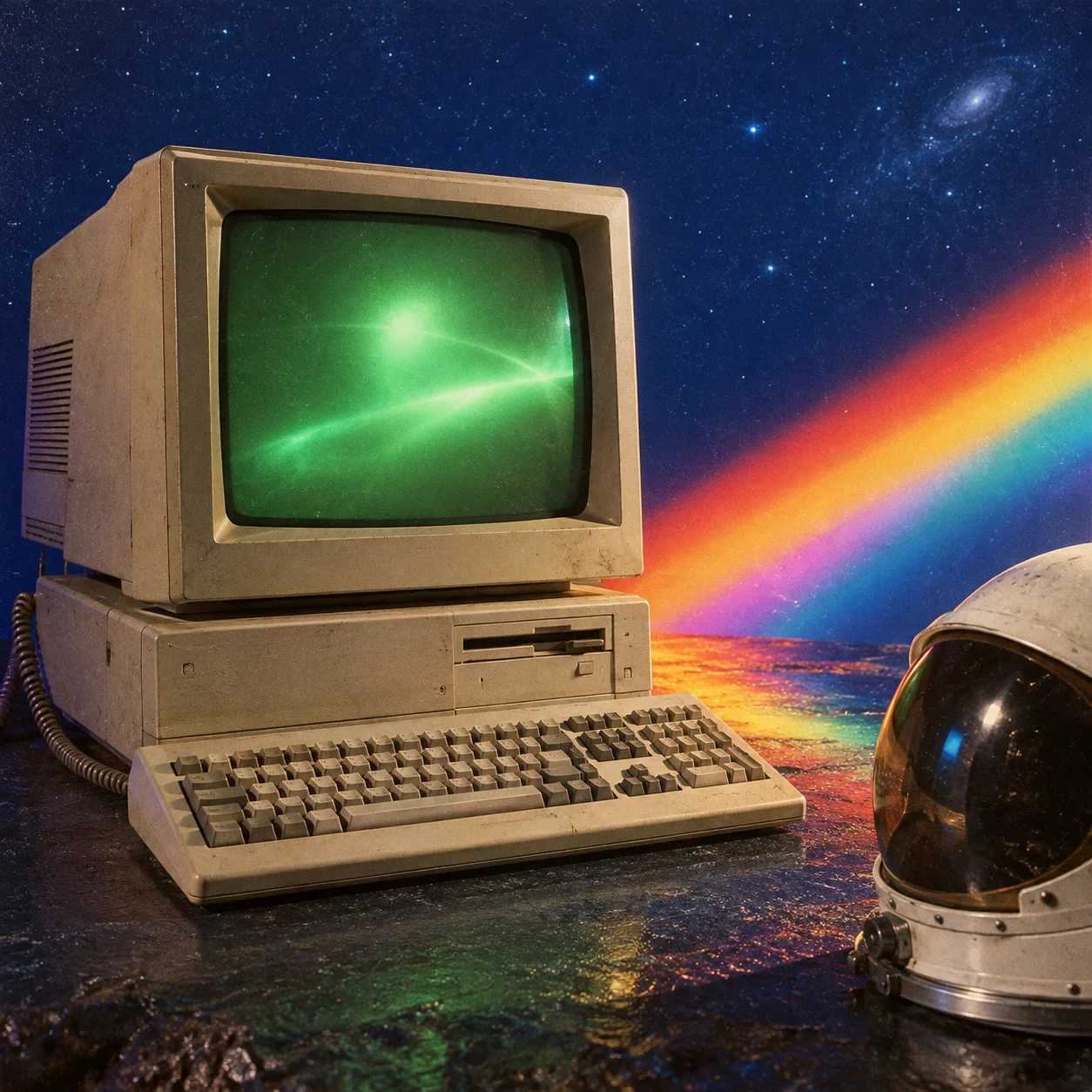 A vintage computer glows against a blue starfield