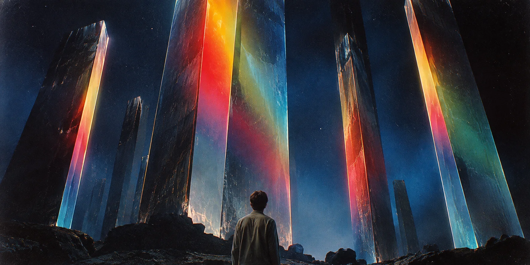 A founder looks toward towering rainbow monoliths